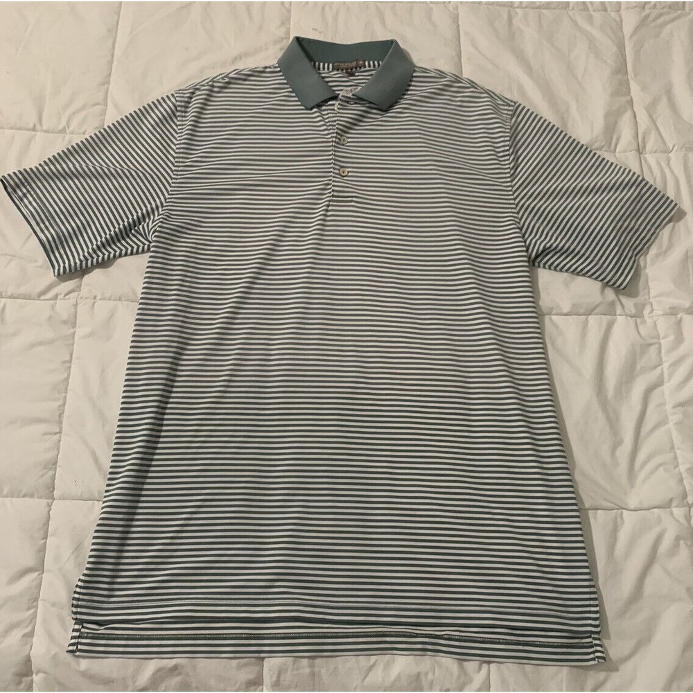 PETER MILLAR Summer Comfort Green & White Stripe Performance Polo Golf Shirt L